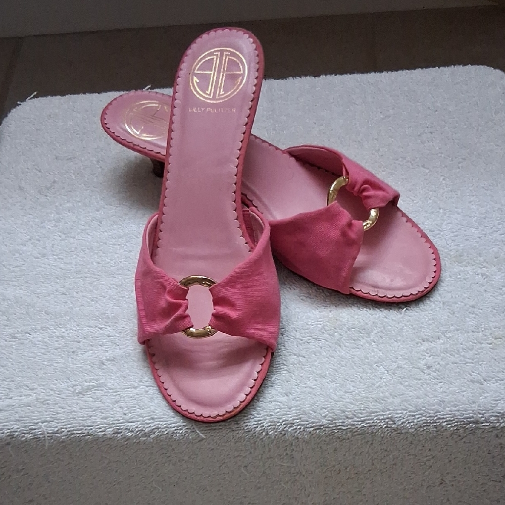 Lilly Pulitzer Pink Fabric Bow Ring Slide Heels